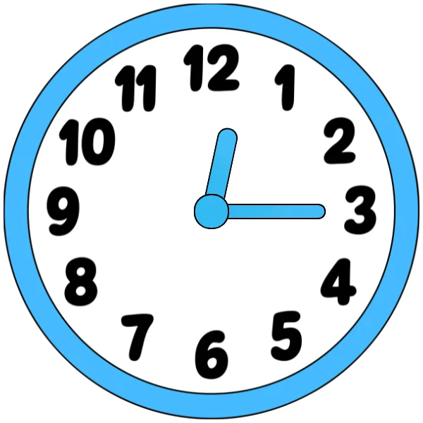 A clock showing quarter past twelve with hour hand slightly past 12 and minute hand at 3