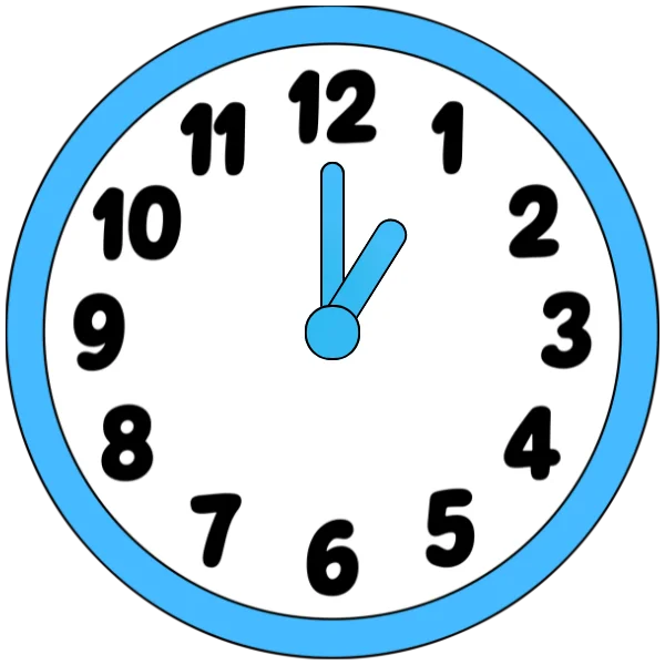 A clock showing one o'clock with hour hand at 1 and minute hand at 12