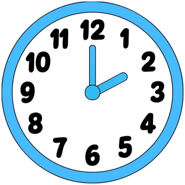 A clock showing two o'clock with hour hand at 2 and minute hand at 12