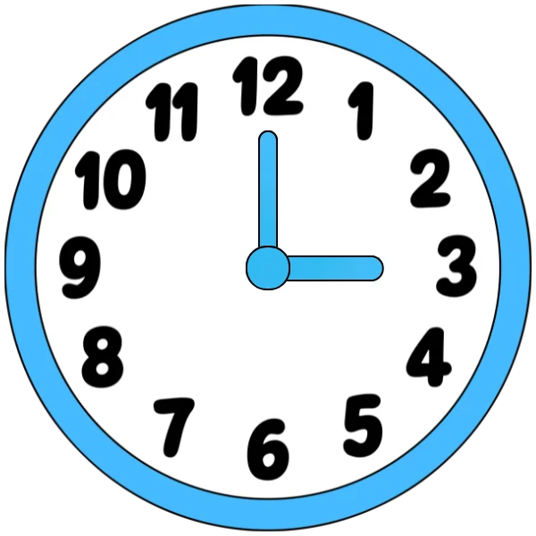 A clock showing three o'clock with hour hand at 3 and minute hand at 12