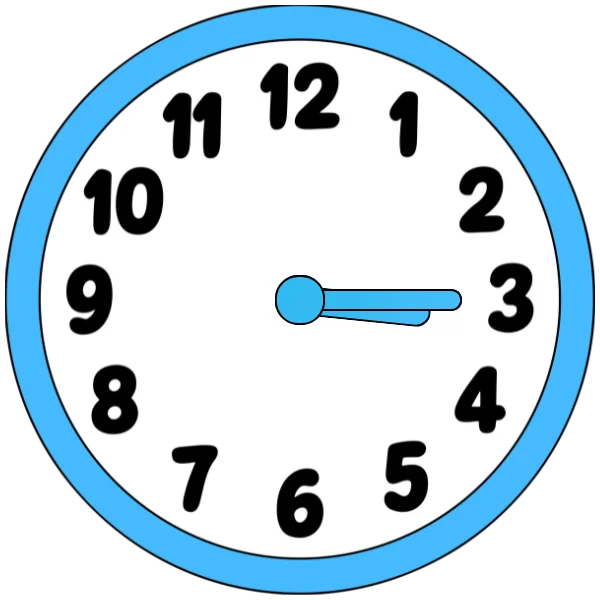 A clock showing quarter past three with hour hand slightly past 3 and minute hand at 3