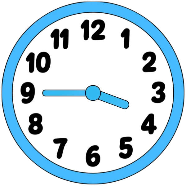 A clock showing quarter to four with hour hand almost at 4 and minute hand at 9