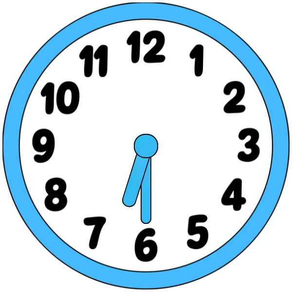 A clock showing half past six with hour hand between 6 and 7 and minute hand at 6