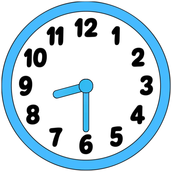 A clock showing half past eight with hour hand between 8 and 9 and minute hand at 6