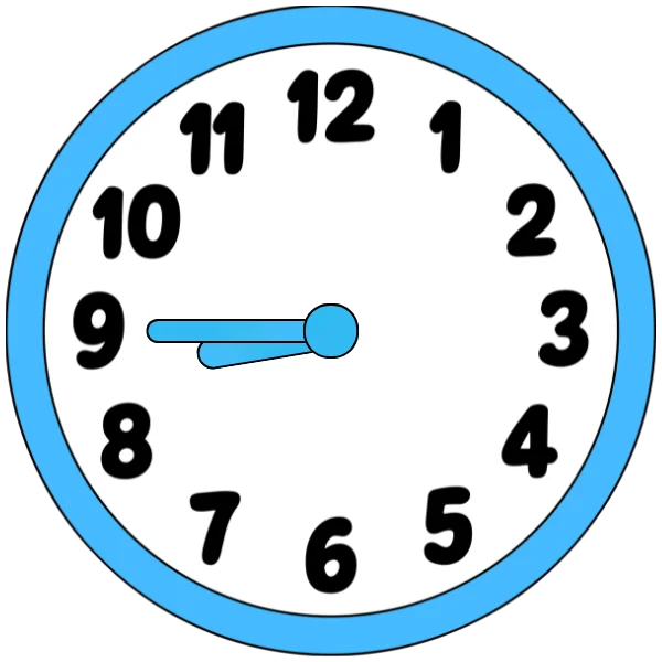 A clock showing quarter to nine with hour hand almost at 9 and minute hand at 9