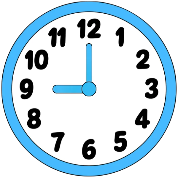 A clock showing nine o'clock with hour hand at 9 and minute hand at 12